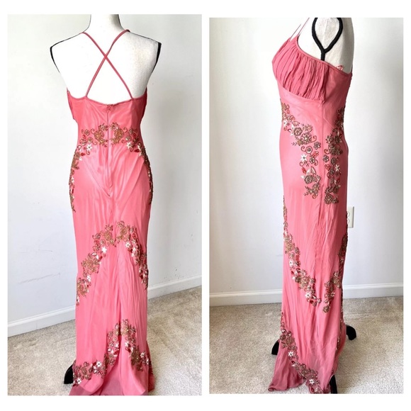 Vintage 90s 100% Silk Bead Dress Silk Dress Floral Prom Dress Fairy Cottage Pink - Picture 4 of 17